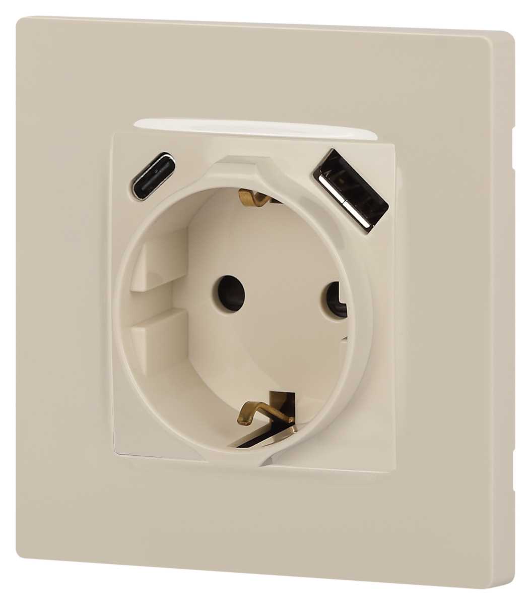 фото розетка эра серия 12 12-4108-02 2p+e 16a-250в со шторками с usb type-a+c 5в-3а слоновая кость б0067731 | 220svet.ru