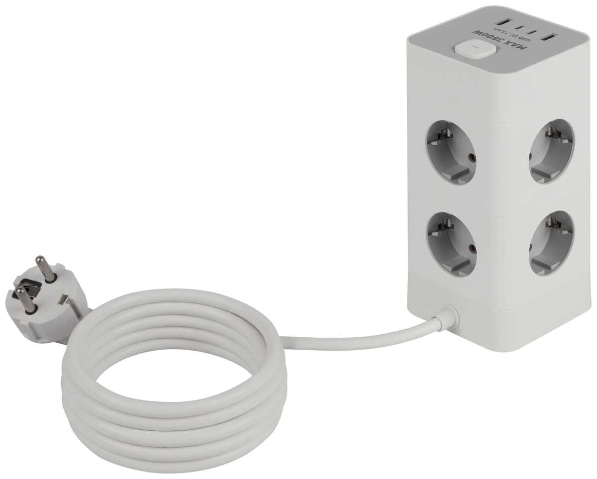 фото сетевой фильтр эра twr-8es-1,5m-4usb-w башня с защитой заземлением с выключателем 8 розеток+4xusba+c 1,5м 16а белый б0069071 | 220svet.ru