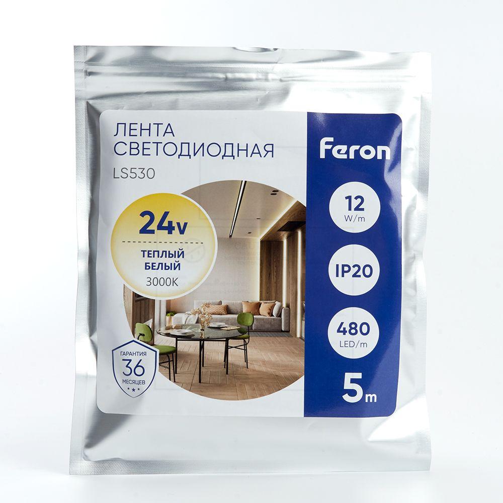 фото светодиодная лента feron 12w/m 480led/m 2110smd теплый белый 5m ls530 48270 | 220svet.ru