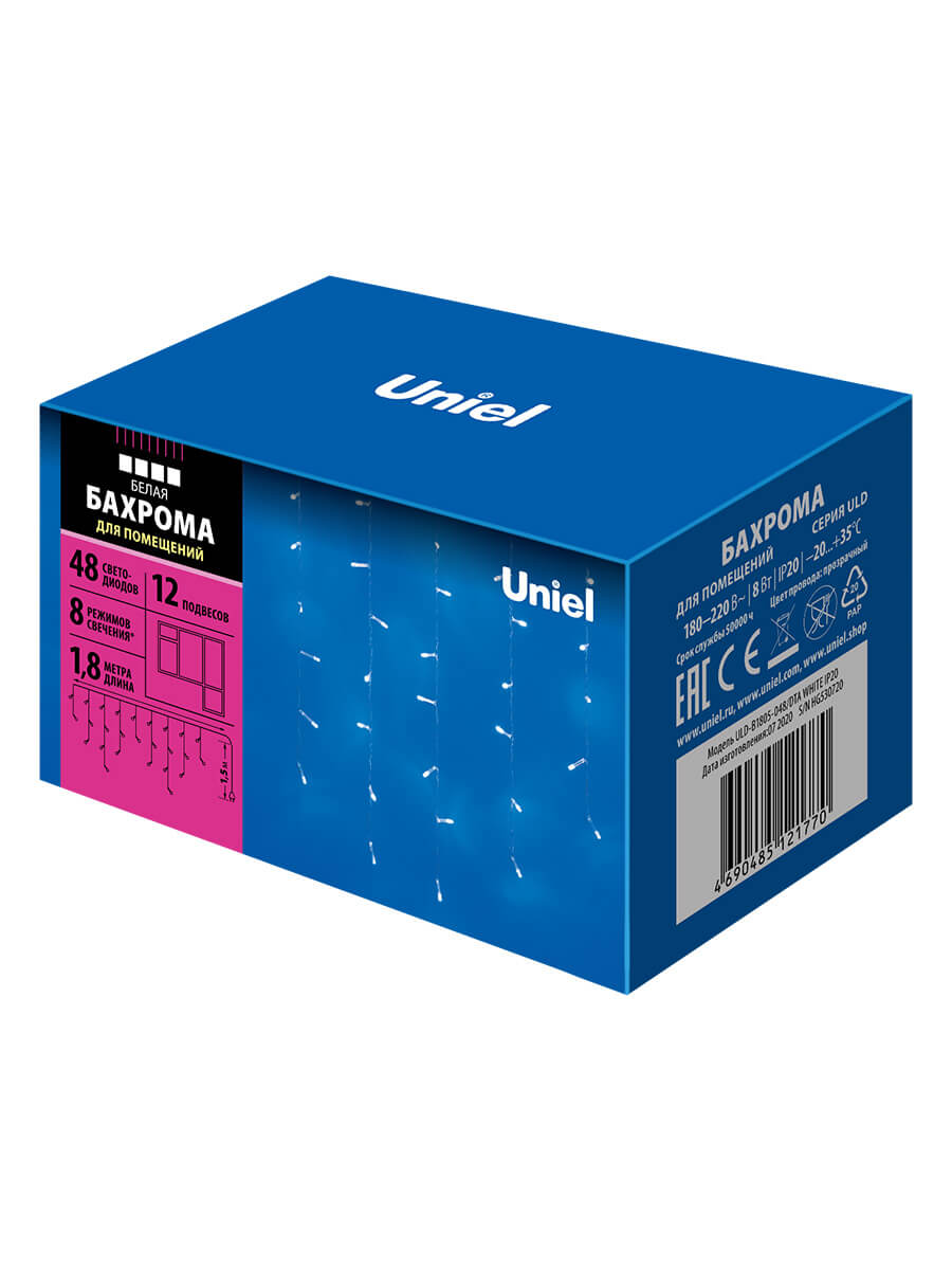фото светодиодная гирлянда uniel бахрома 220v белый uld-b1805-048/dta white ip20 ul-00005275 | 220svet.ru