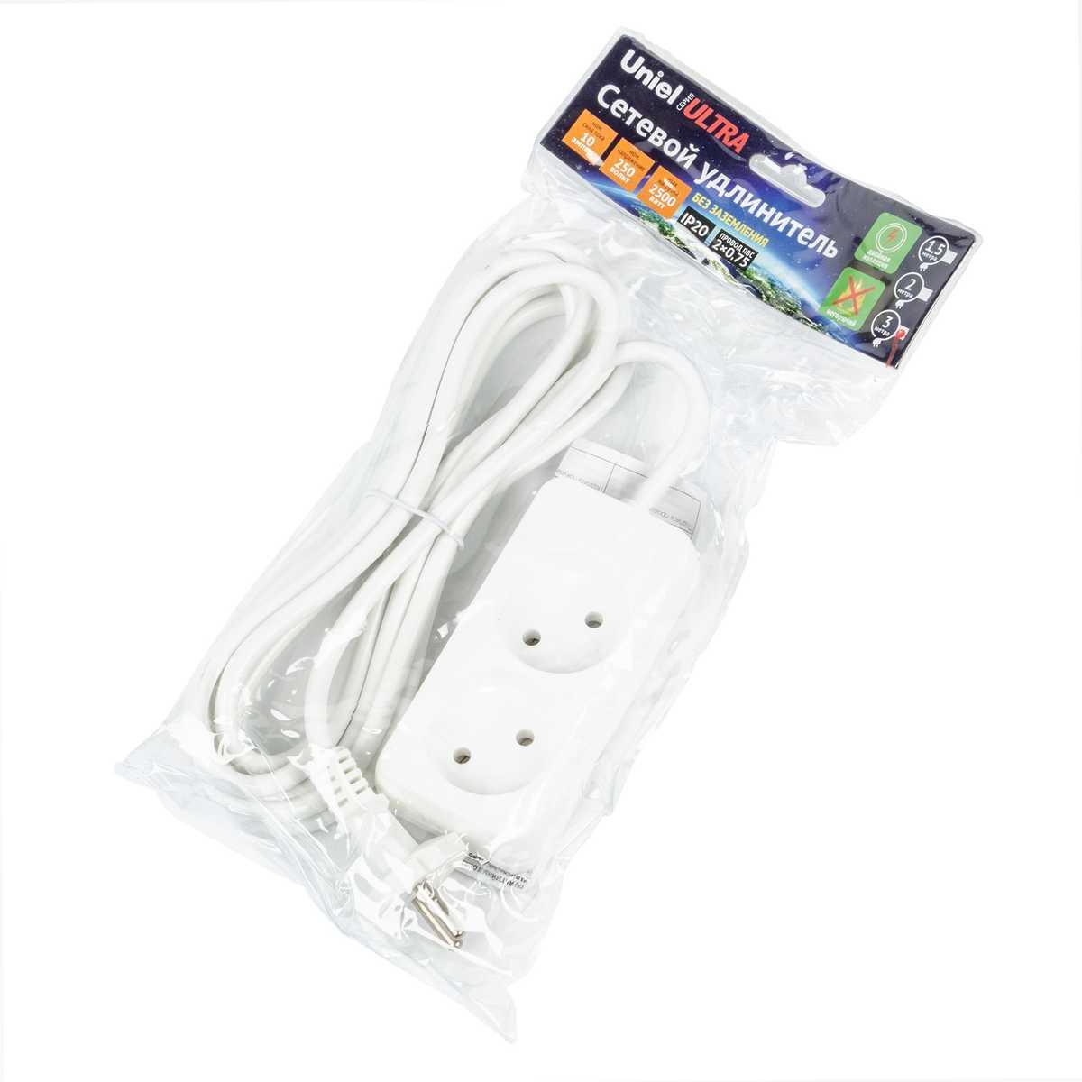 фото удлинитель uniel ultra 2гн х 3м б/з s-cu2-3 white ul-00009977 | 220svet.ru