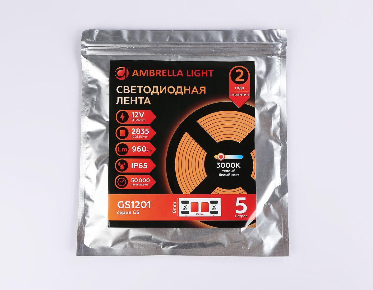фото светодиодная влагозащищенная лента теплый белый ambrella light 9,6w/m 120led/m 2835smd 5m gs1201 | 220svet.ru