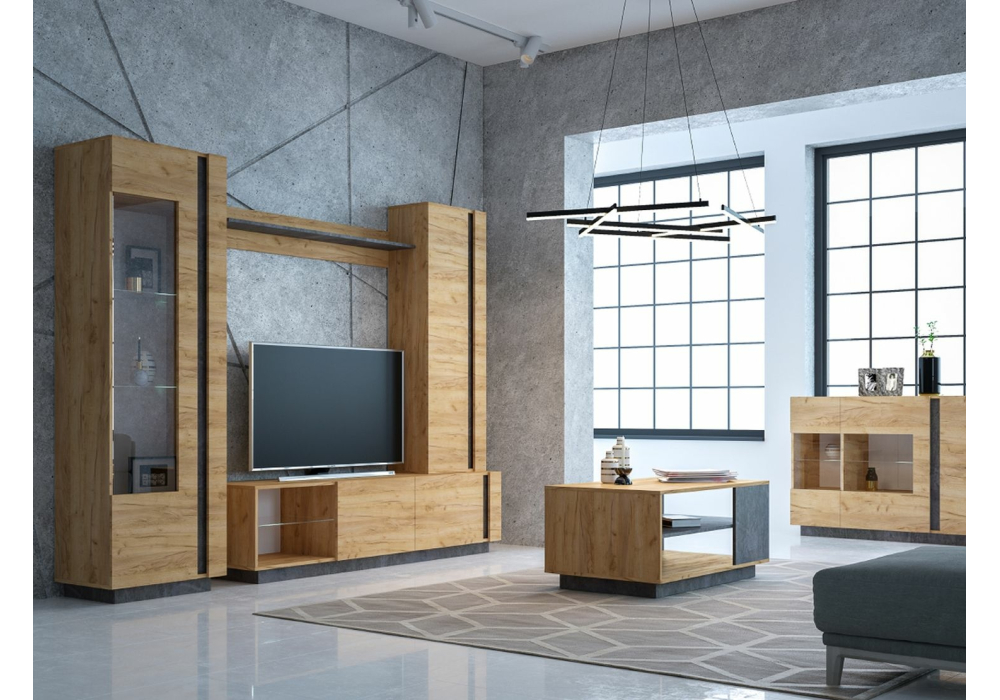 фото тв-тумбы woodville арчи 10.86 дуб золотой craft / камень темный 339645 | 220svet.ru