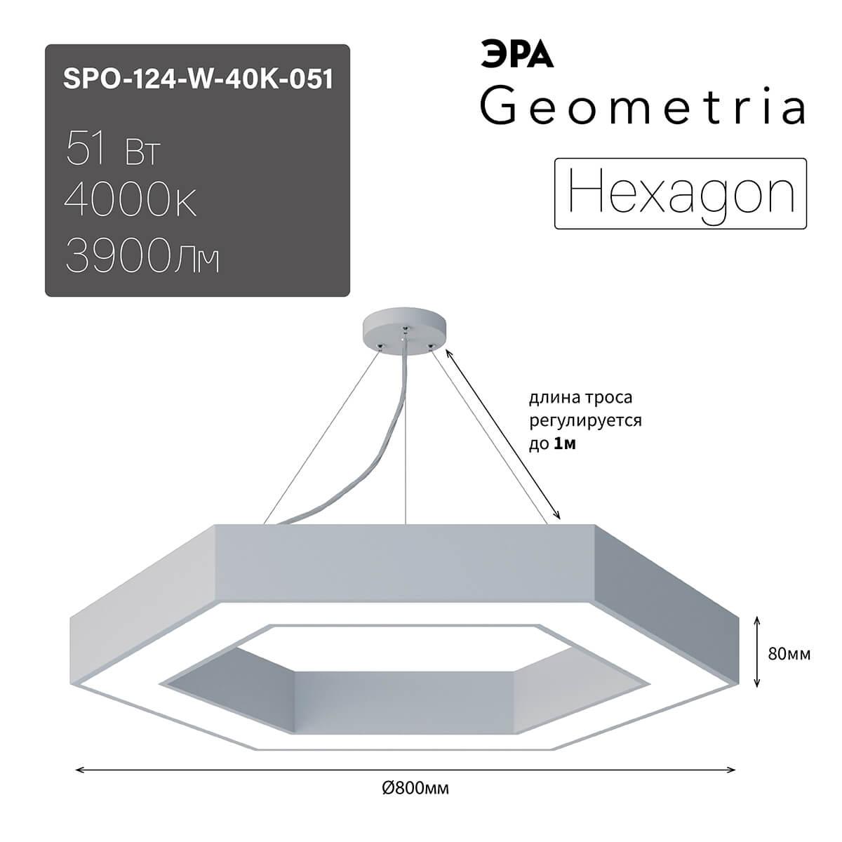 фото подвесной светодиодный cветильник эра hexagon spo-124-w-40k-051 51вт 4000к белый б0050556 | 220svet.ru