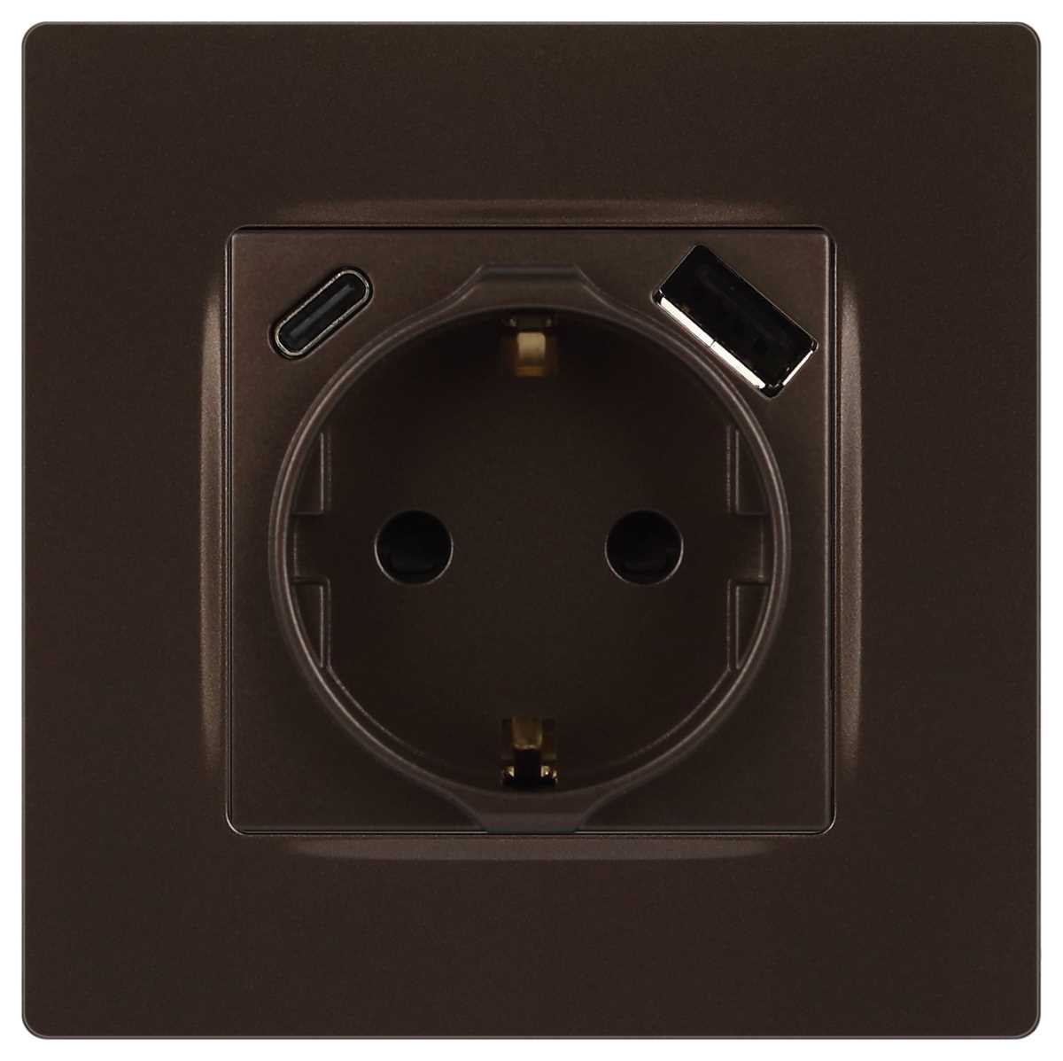 фото розетка эра серия 12 12-4108-13 2p+e 16a-250в со шторками с usb type-a+c 5в-3а бронза б0067757 | 220svet.ru