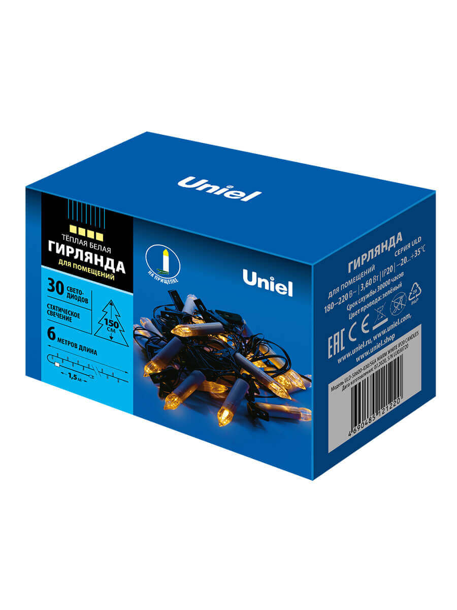 фото светодиодная гирлянда uniel свечки 220v теплый белый uld-s0600-030/sga warm white ip20 candles ul-00005469 | 220svet.ru