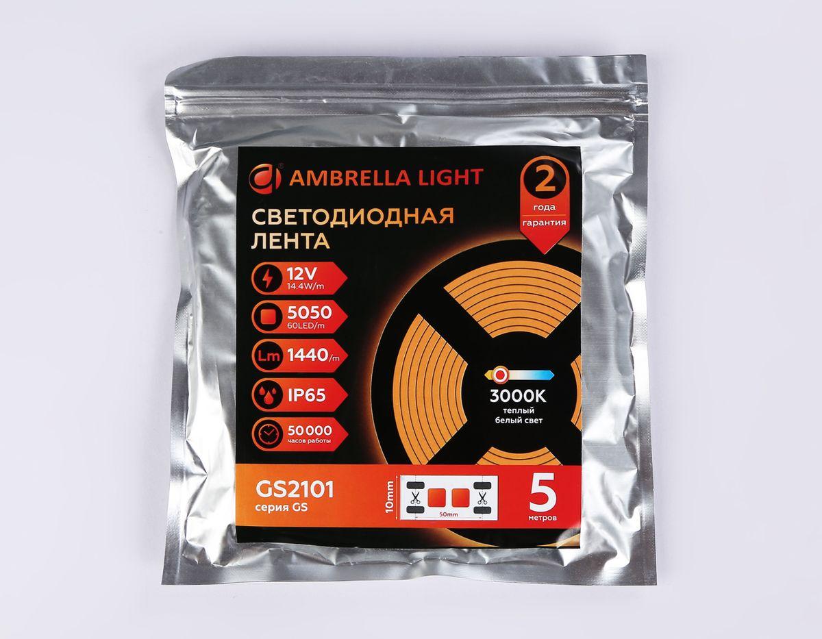 фото светодиодная влагозащищенная лента теплый белый ambrella light 14,4w/m 60led/m 5050smd 3000к 5m gs2101 | 220svet.ru